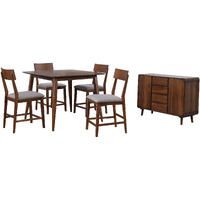 Sunset Trading Mid Century 6 Piece 48" Square Counter Height Pub Table Dining Set | Padded Performance Fabric Seats | Server | Seats 6