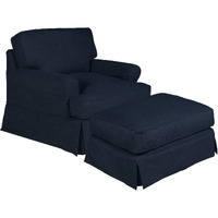 Sunset Trading Horizon Slipcovered T-Cushion Chair with Ottoman | Stain Resistant Performance Fabric | Navy Blue