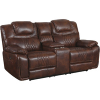 Sunset Trading Diamond Power Dual Reclining Loveseat| Center Console with Cup Holders |Brown Leather Gel