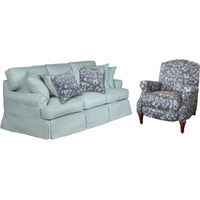 Sunset Trading Horizon 2 Piece Living Room Set | Ocean Blue Performance Fabric Slipcovered Sofa | Seascape Manual Recliner with Two Matching Pillows