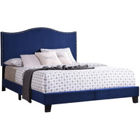 Skye Upholstered Panel Bed, Blue Velvet, King, With Solid Wood Legs, Nailhead Headboard, Footboard, Rails, Slats
