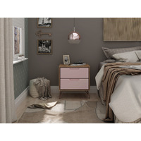 Manhattan Comfort Rockefeller 2.0 Mid-Century Modern 2-Drawer Nightstand in Nature and Rose Pink