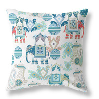Elephant Howdah Broadcloth Indoor Outdoor Pillow, Zippered, BlueWhite