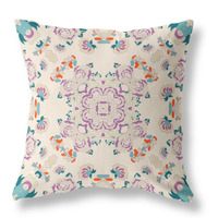 Rose Wreath Broadcloth Indoor Outdoor Pillow, Zippered, OffWhitePurple