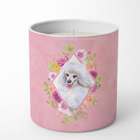 White Mini Poodle Pink Flowers 10 oz Decorative Soy Candle CK4172CDL
