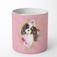 Tricolor Cavalier Spaniel Pink Flowers 10 oz Decorative Soy Candle CK4206CDL