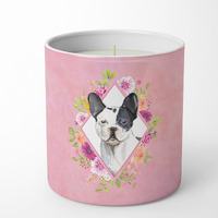 Black and White Frenchie Pink Flowers 10 oz Decorative Soy Candle CK4260CDL