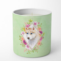 Red Siberian Husky Green Flowers 10 oz Decorative Soy Candle CK4308CDL
