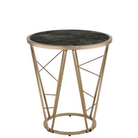 End Table, Faux Black Marble Glass & Champagne Finish