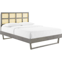 Sidney Cane and Wood Queen Platform Bed With Angular Legs Gray