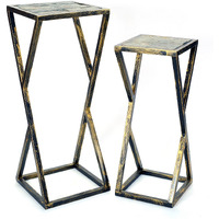 Stone Top Plant Stand with Geometric Base, Set of 2, Black and Gray