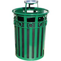 Metal Trash Receptacle with Ash Urn Lid - Durable Flat-Bar Steel Construction, Graffiti-Resistant, Decorative Ring, Leveling Feet, Plastic Liner, Lid Attachment Kit, Anchor Kit