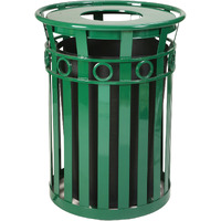 Metal Trash Receptacle with Flat Top Lid - Durable Steel Construction, Graffiti-Proof, Decorative Ring, Leveling Feet, Plastic Liner, Lid Attachment Kit, Anchor Kit
