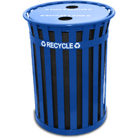 MR50-FTR-BL-VV Ergode Oakley Recycling Container - Ideal for high traffic areas, cities, universities, and parks. Durable steel construction with flat top and two openings for single stream recycling. Includes liner, leveling feet, anchor kit, and lid attachment kit.