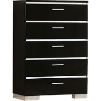 High Gloss Lacquer Coated 5 Drawer Chest with Bracket Feet,Black and Chrome