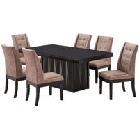 Riley 7 Piece Modern Pedestal Dining Set, Cappuccino Wood & Dark Brown Fabric (Table & 6 Upholstered Parsons Chairs)