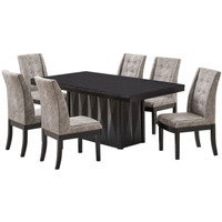 Riley 7 Piece Modern Pedestal Dining Set, Cappuccino Wood & Gray Fabric (Table & 6 Upholstered Parsons Chairs)