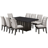 Riley 9 Piece Modern Pedestal Dining Set, Cappuccino Wood & Silver Fabric (Table & 8 Upholstered Parsons Chairs)