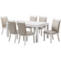Danby 7 Piece Dining Set, Gray Fabric & White Wood (Table & 6 Upholstered Chairs)