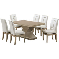 Legault 7 Piece Pedestal Dining Set, White Vinyl & Gold Wood (Table, 6 Chairs)