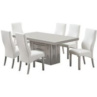 Astra 7 Piece Pedestal Dining Set, Champagne Wood & White Vinyl (Table, 6 Chairs)