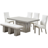 Astra 6 Piece Pedestal Dining Set, Champagne Wood & White Vinyl (Table, 4 Chairs, Bench)
