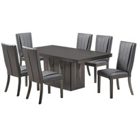 Voight 7 Piece Pedestal Dining Set, Gray Wood & Vinyl (Table, 6 Chairs)