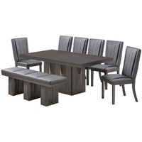 Voight 8 Piece Pedestal Dining Set, Gray Wood & Vinyl (Table, 6 Chairs, Bench)