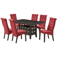 Huxley 7 Piece Contemporary Dining Set, Black Wood & Red Fabric (Table, 6 Chairs)