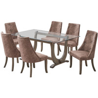 Benoit 7 Piece Glasstop Dining Set, Dark Brown Fabric & Gray Wood (Trestle Table & 6 High-Back Tufted Chairs)