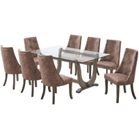 Benoit 9 Piece Glasstop Dining Set, Dark Brown Fabric & Gray Wood (Trestle Table & 8 High-Back Tufted Chairs)