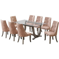 Benoit 9 Piece Glasstop Dining Set, Light Brown Fabric & Gray Wood (Trestle Table & 8 High-Back Tufted Chairs)