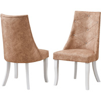 Benoit Crystal Tufted Upholstered Dining Side Chairs, Light Brown Fabric & White Wood (Set of 2)