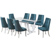 Benoit 7 Piece Glasstop Dining Set, Blue Fabric & White Wood (Trestle Table & 6 High-Back Tufted Chairs)
