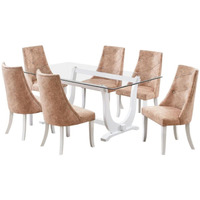 Benoit 7 Piece Glasstop Dining Set, Light Brown Fabric & White Wood (Trestle Table & 6 High-Back Tufted Chairs)