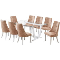Benoit 9 Piece Glasstop Dining Set, Light Brown Fabric & White Wood (Trestle Table & 8 High-Back Tufted Chairs)