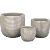 Cement Round Pot with Etched Square Lattice Design Body and Tapered Bottom Set of Three Washed Concrete Finish Cream