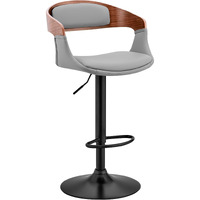 Benson Adjustable Gray Faux Leather and Walnut Wood Bar Stool with Black Base