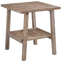Farmhouse Wooden End Table with Slatted Bottom Shelf, Rustic Brown