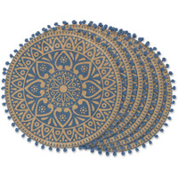 DII French Blue Block Print On Natural Round Jute Placemat (Set of 6)