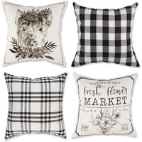 DII Pig And Flower Market Farmhouse Check And Print Pillow Cover 18x18 inch, 4 Piece