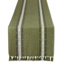 DII Olive Green Dobby Striped Fringe Ribbed Table Runner 14x108