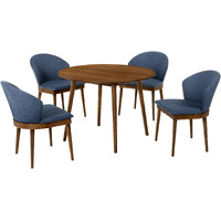 Arcadia and Juno 42" Round Blue and Walnut Wood 5 Piece Dining Set