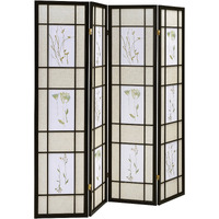 4 Panel Screen with Floral Print Detailing and Wooden Frame, Black