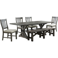 Sunset Trading Trestle 6 Piece Dining Set with Bench | 96" Rectangular Extendable Table | 4 Upholstered Side Chairs | Distressed Gray Wood | Seats 8