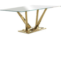 Dining Table and Glass Top and Steel Pedestal Base, Gold