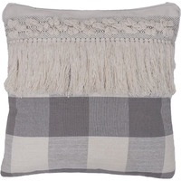 18"x18" Grey Plaid Fringe Cotton Pillow