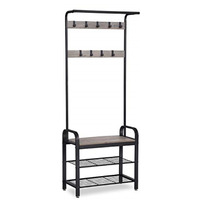 VASAGLE Garderobenst?nder, Garderobe, Schuhregal mit Sitzfl?che, Kleiderst?nder mit 9 abnehmbaren Haken, Sitzbank, 2 Gitterablagen, 183 cm hoch, Industrie-Design, Greige-schwarz HSR40MB