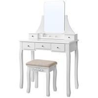 VASAGLE - Juego de tocador de maquillaje con espejo grande sin marco, juego de tocador para dormitorio, bao, 5 cajones y 1 caja de almacenamiento extrable, taburete acolchado, blanco URDT25W