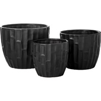 Ceramic Round Pot with Embossed Brick Edges Pattern Design Body and Tapered Bottom Set of Three Matte Finish Black
